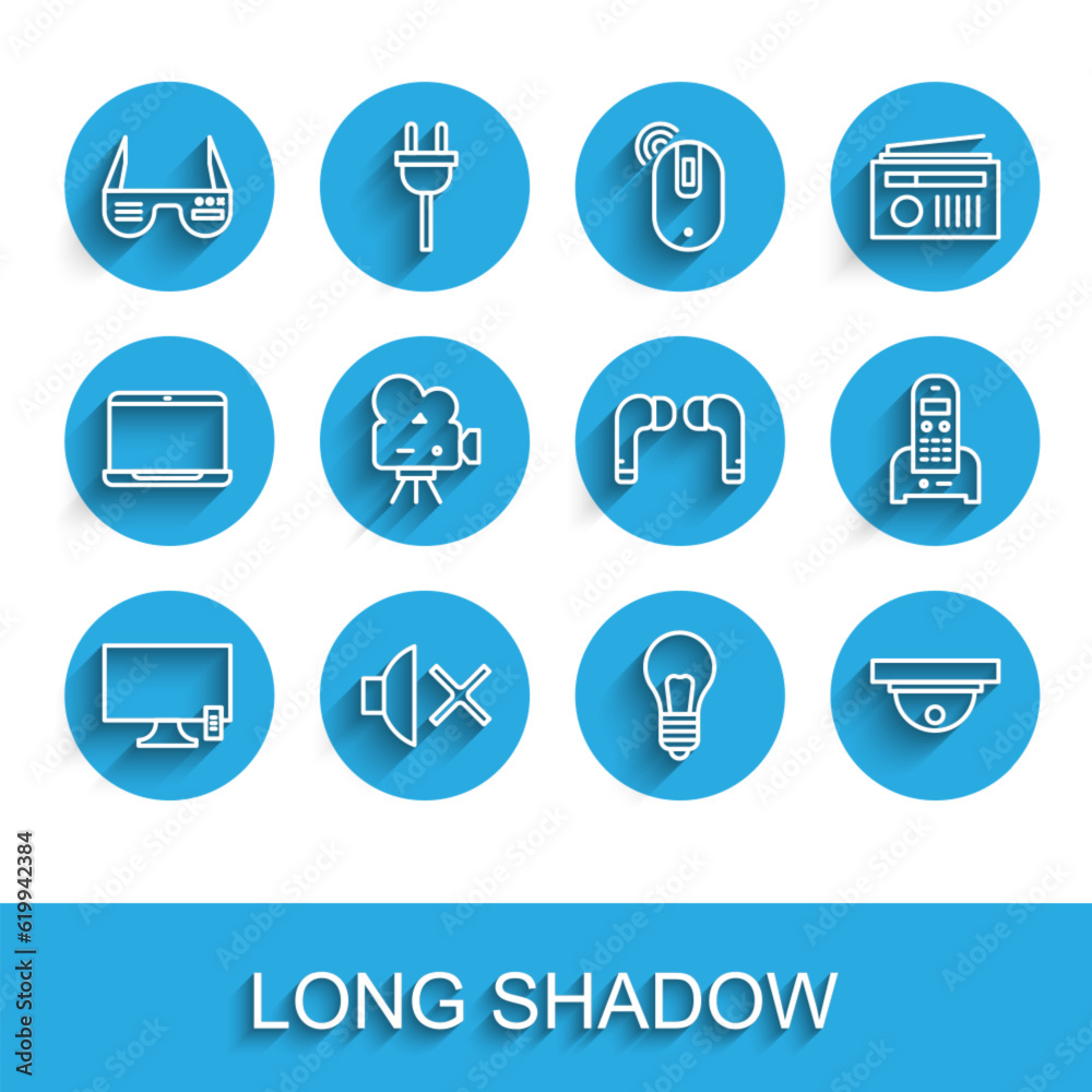 Set line Smart Tv, Speaker mute, glasses, Light bulb with concept of idea, Motion sensor, Retro cinema camera, Telephone and Air headphones icon. Vector Set line Smart Tv, Speaker mute, glasses, Light bulb with concept of idea, Motion sensor, Retro cinema camera, Telephone and Air headphones icon. Vector