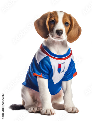 sporty puppy with a jersey, isolated on a transparant background, funny animals, clipart cutout scrapbook