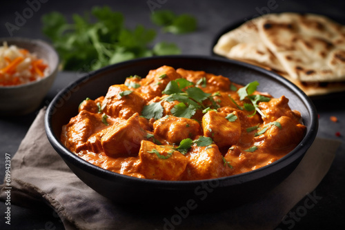 masala hot chicken asian indian pot background sauce rice traditional dark. Generative AI.