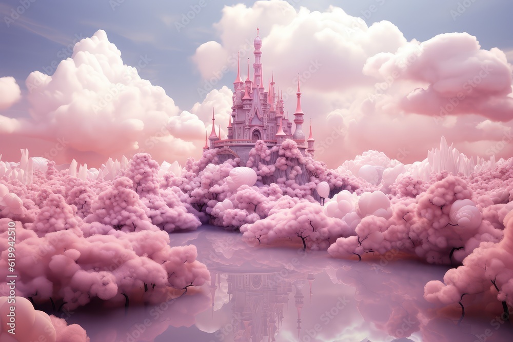 Pink clouds surrounding the fantasy castle in the sky. Stock ...