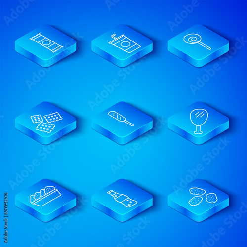 Set line Chicken nuggets in box, Corn dog, Bottle of water, leg, Lollipop, Cracker biscuit, Chocolate bar and icon. Vector