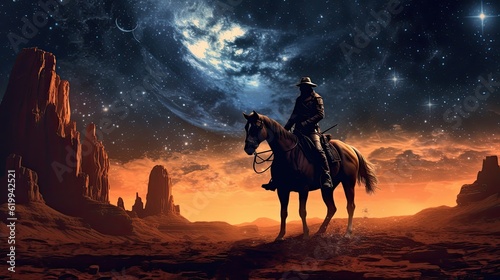 a horizontal layout  Cowboys and Cowgirls at sunset and under a starry sky a Western-themed in a JPG format. Generative AI
