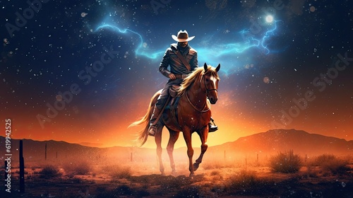 a horizontal of a Cowboys, Cowgirls celebrating under a western sunset, starry sky in a Western-themed JPG format. Generative AI © Purple Penguin GFX