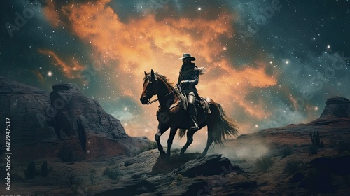 a horizontal layout, Cowboys and Cowgirls at sunset and under a starry sky a Western-themed in a JPG format. Generative AI