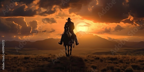 a horizontal layout, of a Cowboy on his horse, overlooking a stunning landscape at sunset, beautifully cinematic a Western-themed image in a JPG format. Generative AI