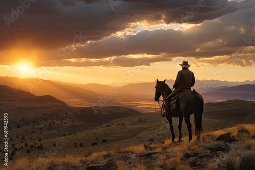 a horizontal layout, of a Cowboy on his horse, overlooking a stunning landscape at sunset, beautifully cinematic a Western-themed image in a JPG format. Generative AI © Purple Penguin GFX