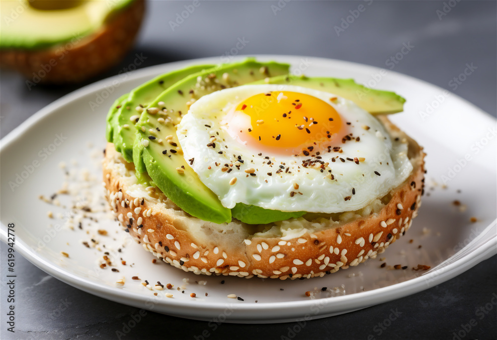 Breakfast almond keto bagel with fried egg and avocado on white plate, ai generated 