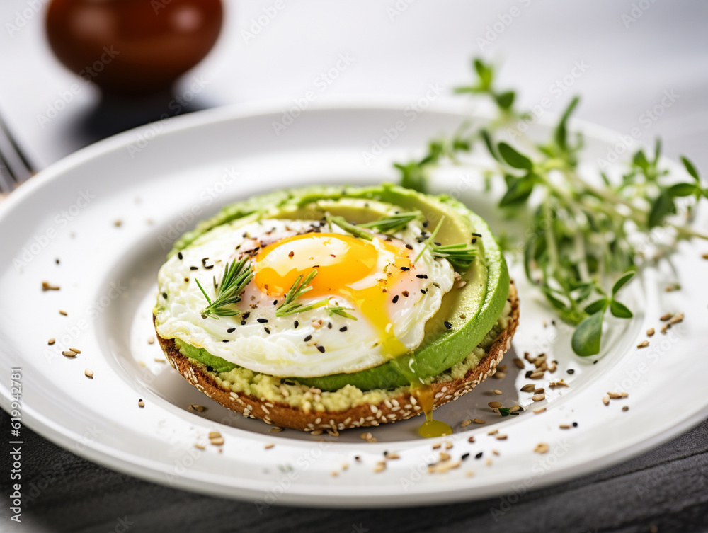 Breakfast almond keto bagel with fried egg and avocado on white plate, ai generated 
