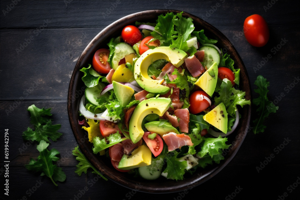 vegetarian nutrition salad fresh vegetable dark food diet background healthy green. Generative AI.