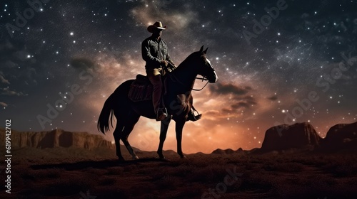 a horizontal layout, Cowboys and Cowgirls at sunset and under a starry sky a Western-themed in a JPG format. Generative AI
