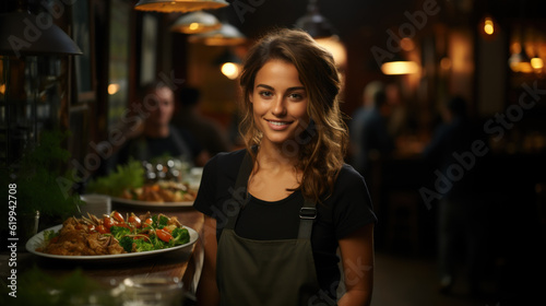 Happy beatiful waitress created with generative AI technology