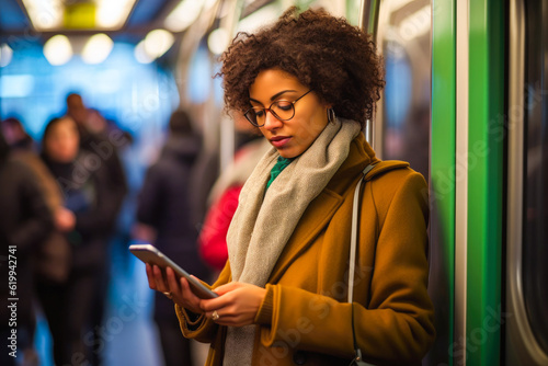 Morning shot of african american woman using her smartphone during her subway commute, engrossed in work and connectivity, generative ai