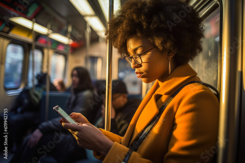 Morning shot of african american woman using her smartphone during her subway commute, engrossed in work and connectivity, generative ai