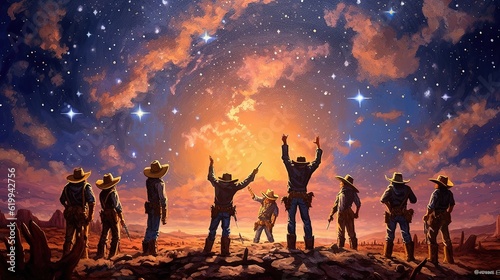 a horizontal of a Cowboys, Cowgirls celebrating under a western sunset, starry sky in a Western-themed JPG format. Generative AI