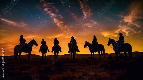 a horizontal layout, Cowboys and Cowgirls at sunset and under a starry sky a Western-themed in a JPG format. Generative AI