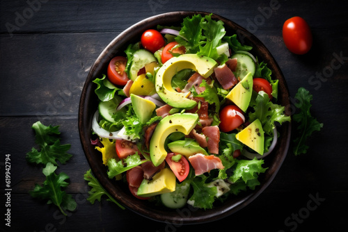 vegetarian nutrition salad fresh vegetable dark food diet background healthy green. Generative AI.