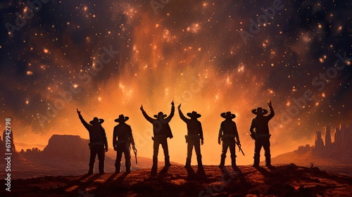 a horizontal of a Cowboys, Cowgirls celebrating under a western sunset, starry sky in a Western-themed JPG format. Generative AI