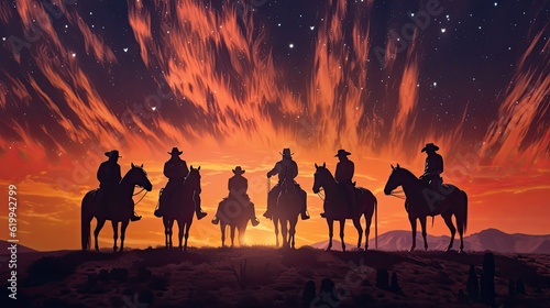 a horizontal of a Cowboys, Cowgirls celebrating under a western sunset, starry sky in a Western-themed JPG format. Generative AI