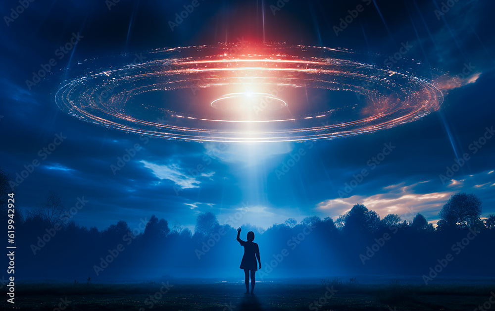 A UFO crosses paths with a woman, creating fantastic, awe-inspiring, and surreal scenes..   Generative AI