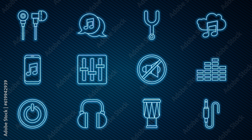 Set line Audio jack, Music equalizer, Musical tuning fork, Sound mixer controller, player, Air headphones, Speaker mute and note speech bubble icon. Vector Set line Audio jack, Music equalizer, Musical tuning fork, Sound mixer controller, player, Air headphones, Speaker mute and note speech bubble icon. Vector