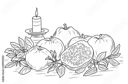 Table with apples, pomegranates and candles.Jewish New Year.Shana Tova.Simple line illustration for coloring Rosh Hashanah.Coloring page.