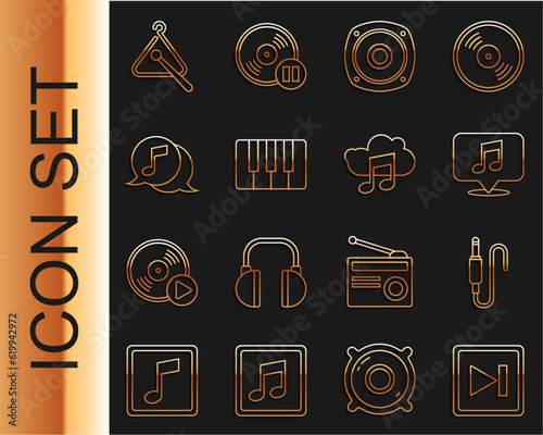 Set line Fast forward, Audio jack, Musical note in speech bubble, Stereo speaker, synthesizer, Triangle musical instrument and streaming service icon. Vector