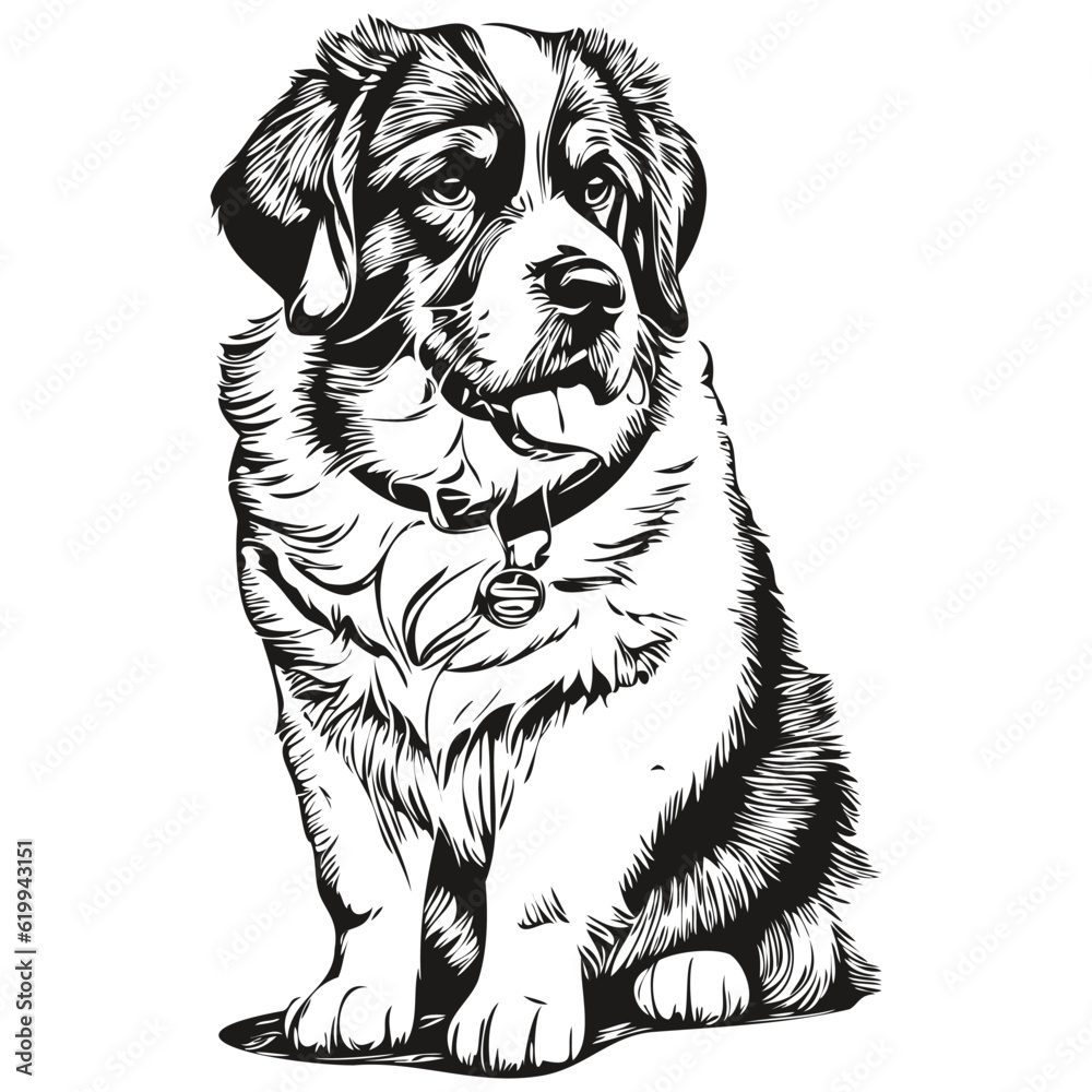 Fototapeta premium Saint Bernard dog outline pencil drawing artwork, black character on white background realistic breed pet