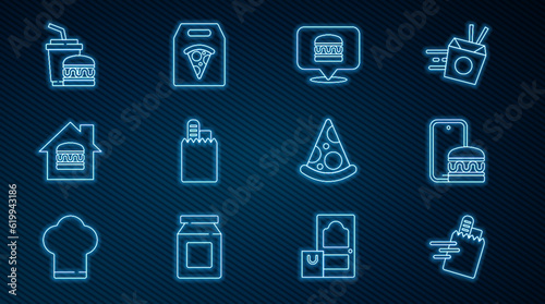 Set line Online ordering and delivery, burger, Paper glass, Slice of pizza and icon. Vector