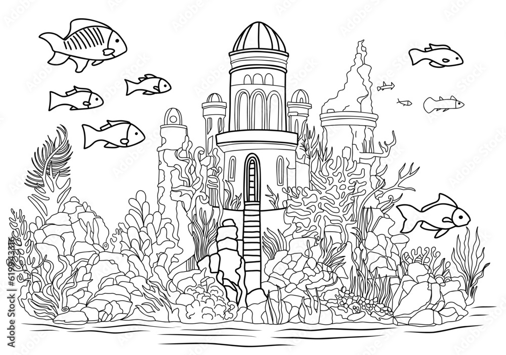 Fairytale castle by water.Underwater world.Simple line illustration for coloring book Atlantis ...