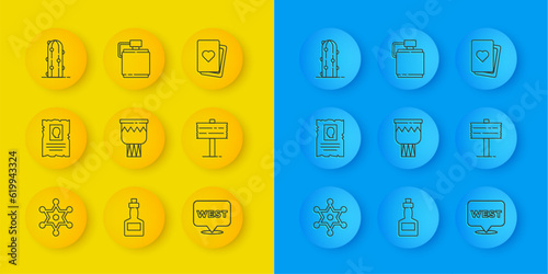 Set line Hexagram sheriff, Wanted western poster, Drum, Pointer to wild, Road traffic signpost, Cactus, Deck of playing cards and Canteen water bottle icon. Vector