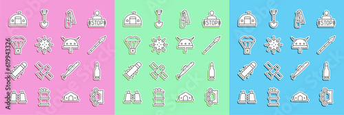 Set line Brass knuckles, Bullet, Medieval spear, Cocktail molotov, Naval mine, Box flying on parachute, Military barracks and Viking horned helmet icon. Vector