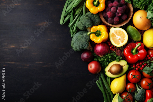 fresh vegetarian dark cooking vegetable background table ingredient healthy food eco. Generative AI.