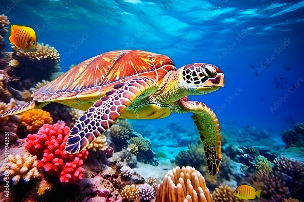 Sea turtle under the sea with corals. Ai Generative. Sea turtle under the sea with corals. Ai Generative.