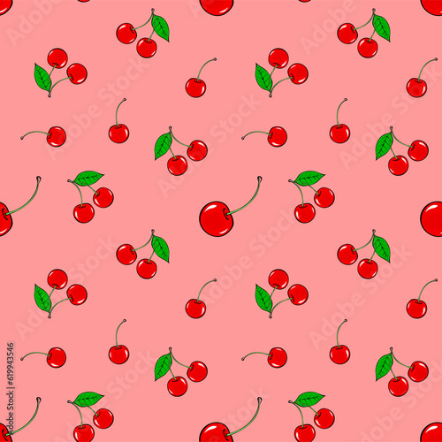 Cherry seamless pattern. Red berries with a leaf. Sweet tasty berry. Healthy food. Design texture for fabric  textile  postcard  label  packaging. Art illustration on pink background