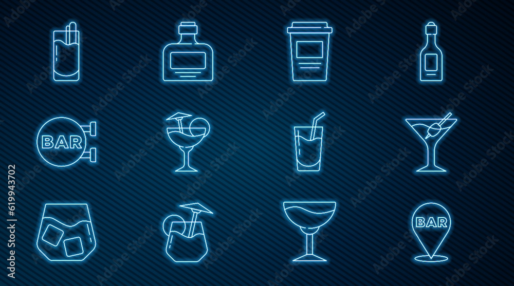 Set line Alcohol bar location, Martini glass, Coffee cup to go, Cocktail, Street signboard with Bar, Bloody Mary, and Whiskey bottle icon. Vector Set line Alcohol bar location, Martini glass, Coffee cup to go, Cocktail, Street signboard with Bar, Bloody Mary, and Whiskey bottle icon. Vector