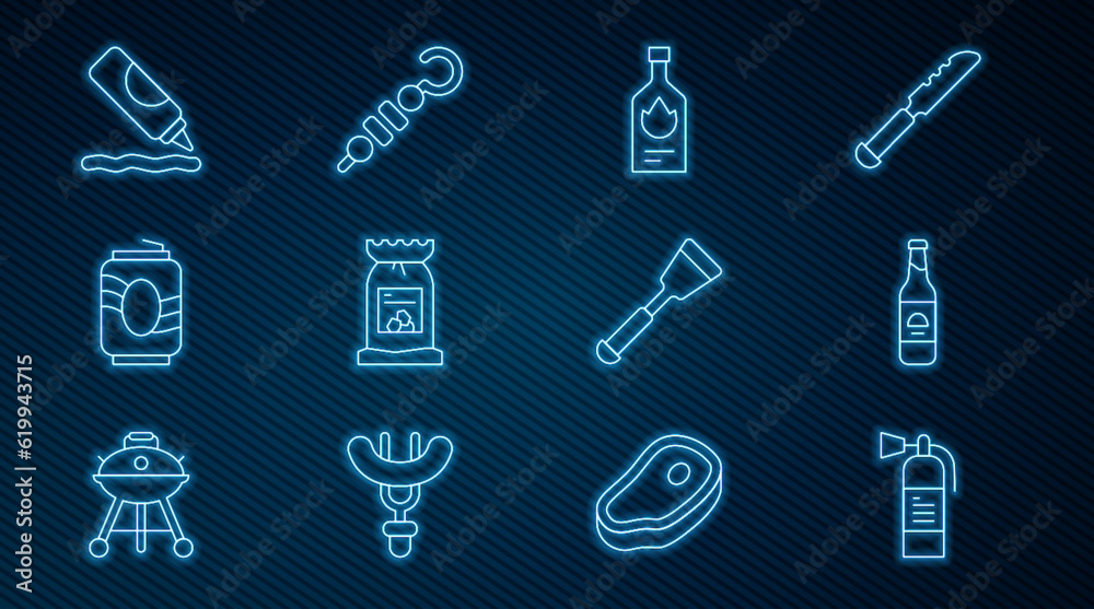 Set line Fire extinguisher, Beer bottle, Tabasco sauce, Barbecue coal bag, Soda can, Ketchup, Spatula and Grilled shish kebab icon. Vector Set line Fire extinguisher, Beer bottle, Tabasco sauce, Barbecue coal bag, Soda can, Ketchup, Spatula and Grilled shish kebab icon. Vector