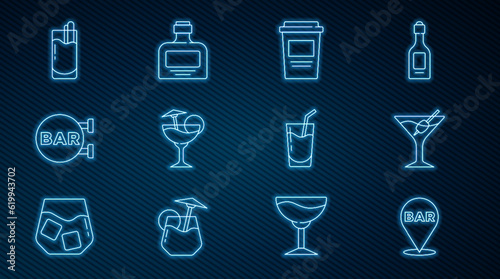 Set line Alcohol bar location  Martini glass  Coffee cup to go  Cocktail  Street signboard with Bar  Bloody Mary  and Whiskey bottle icon. Vector