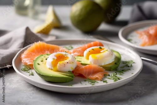 Healthy keto breakfast with eggs, salmon and avocado on a plate, restaurant serving. Generative AI.