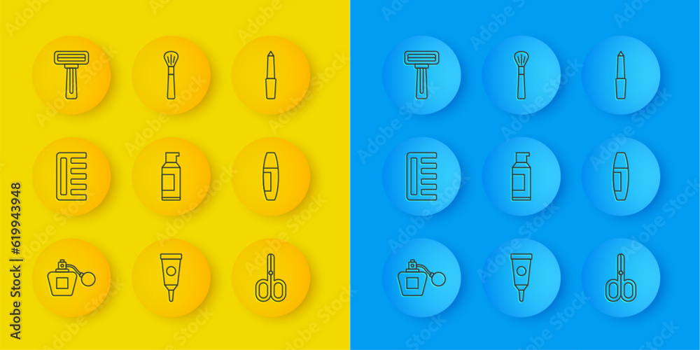 Set line Perfume, Hairbrush, Spray can for hairspray, Scissors, Mascara, Shaving razor, Nail file and Makeup icon. Vector Set line Perfume, Hairbrush, Spray can for hairspray, Scissors, Mascara, Shaving razor, Nail file and Makeup icon. Vector
