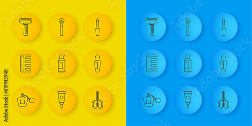 Set line Perfume, Hairbrush, Spray can for hairspray, Scissors, Mascara, Shaving razor, Nail file and Makeup icon. Vector