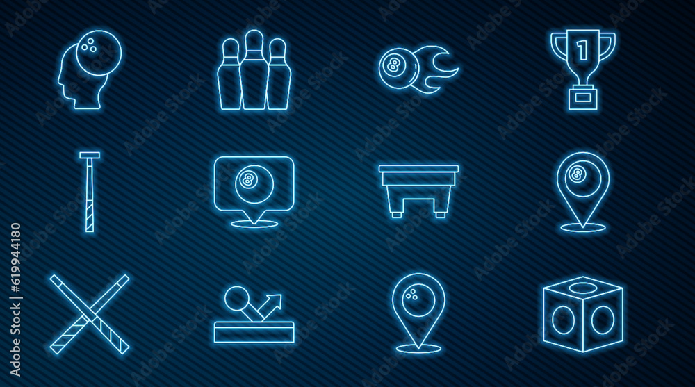 Set line Billiard chalk, Location with billiard ball, cue, Bowling, table and pin icon. Vector Set line Billiard chalk, Location with billiard ball, cue, Bowling, table and pin icon. Vector