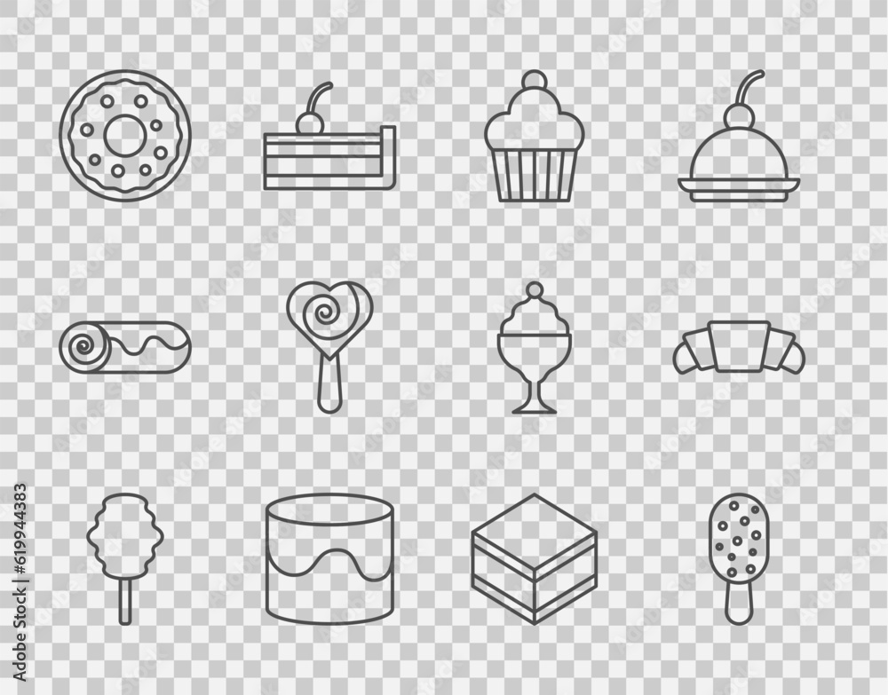 Set line Cotton candy, Ice cream, Cake, Donut, Lollipop, Brownie chocolate cake and Croissant icon. Vector Set line Cotton candy, Ice cream, Cake, Donut, Lollipop, Brownie chocolate cake and Croissant icon. Vector