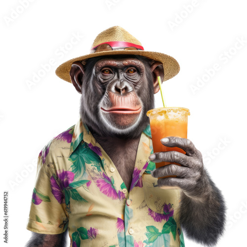 a cheeky Chimpanzee, a party animal in a Hawaiian shirt holding a drink in a Fun Party-themed, photorealistic illustration in a PNG, cutout, and isolated. Generative AI photo