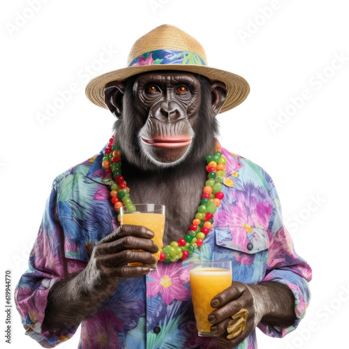 a cheeky Chimpanzee, a party animal in a Hawaiian shirt holding a drink in a Fun Party-themed, photorealistic illustration in a PNG, cutout, and isolated. Generative AI photo