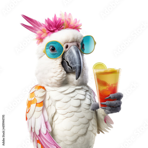 a Cockatoo, a party animal in a Hawaiian shirt holding a drink in a Fun Party-themed, photorealistic illustration in a PNG, cutout, and isolated. Generative AI