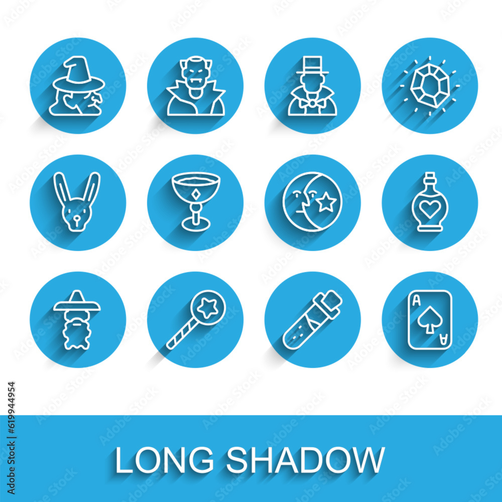 Set line Wizard warlock, Magic wand, Witch, Bottle with potion, Playing cards, Medieval goblet, love and Moon stars icon. Vector Set line Wizard warlock, Magic wand, Witch, Bottle with potion, Playing cards, Medieval goblet, love and Moon stars icon. Vector
