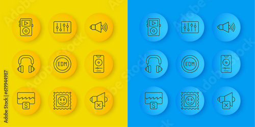 Set line Music wave equalizer, Headphones, EDM electronic dance music, Speaker mute, player, volume and Sound mixer controller icon. Vector