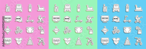 Set line Baby stroller, Breast pump, Pregnancy test, Speech bubble mom, monitor walkie talkie and Roller scooter icon. Vector