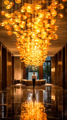 Creating an Illuminating decorate interior with a Modern Style and Elegance with Hanging Chandeliers in High Ceiling Lobby