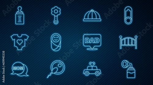 Set line Breast pump, Baby crib cradle bed, hat, Newborn baby infant swaddled, clothes, bottle, Speech bubble dad and Rattle toy icon. Vector